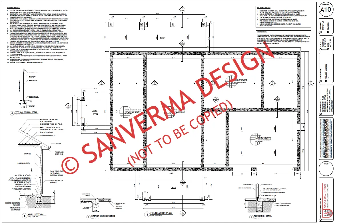 Foundation Plan, Foundation Detail, Interior Bearing Footing, C-Typical Column Detail and Wall Section